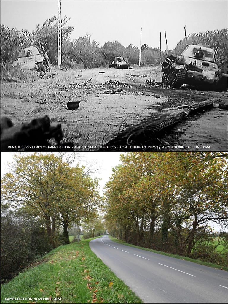 Then and Now. Destroyed German tanks (captured French Renault R-35s) on the La Fiere Causeway from the German counterattack on the afternoon of 6 June 1944. My photo, November 2024.