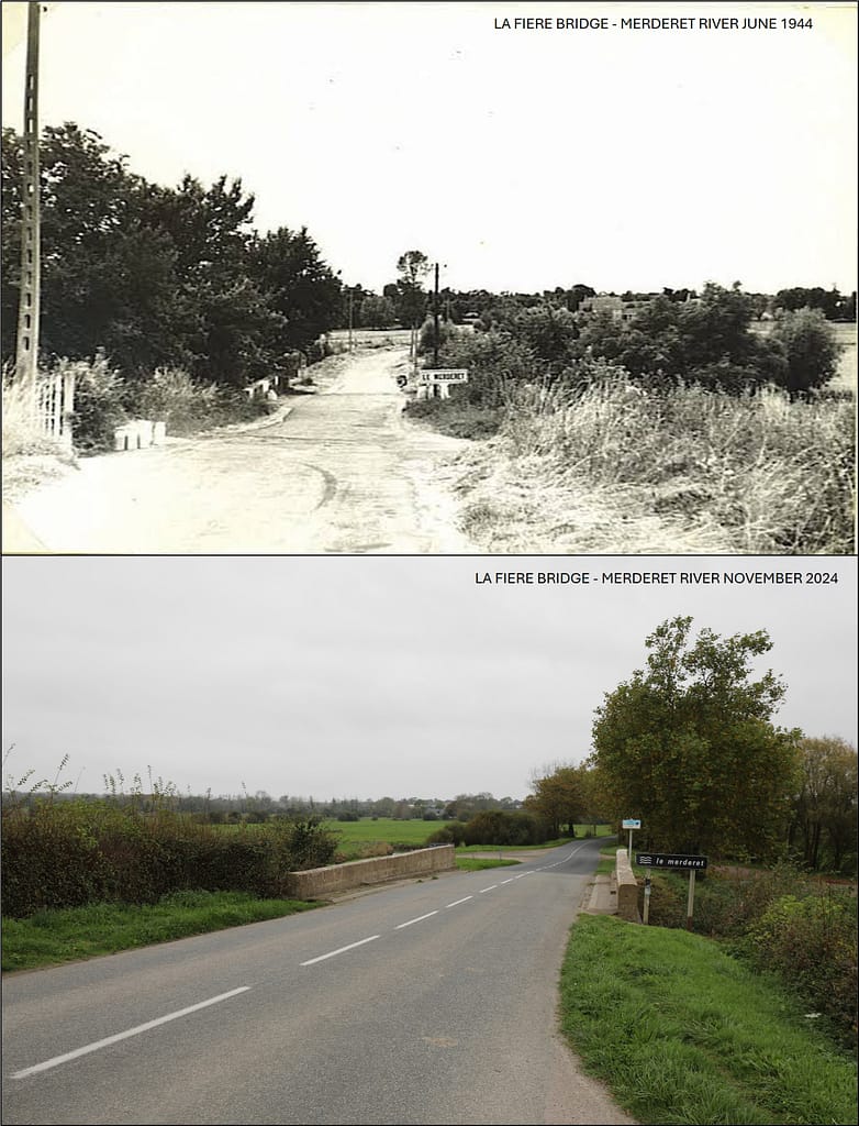 Then and Now. La Fiere Bridge 1944 and 2024 view from the American-held east bank of the Merderet