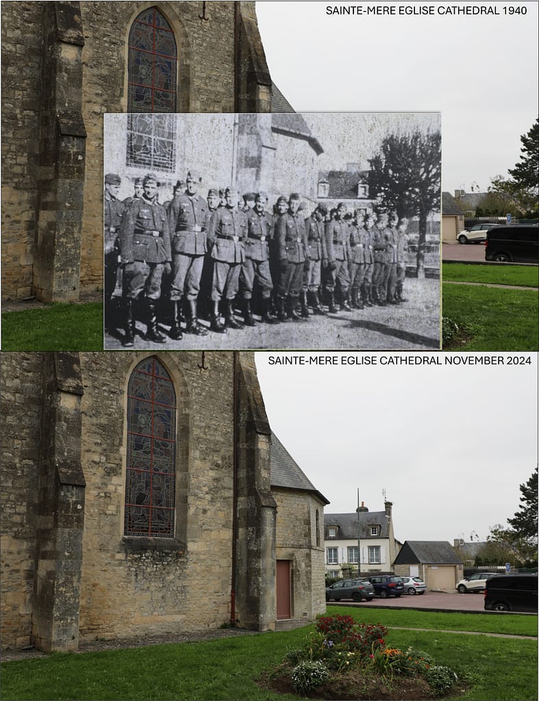 Then and now - 1940 and 2024. German soldiers parade outside Sainte-Mere Eglise cathedral 1940
