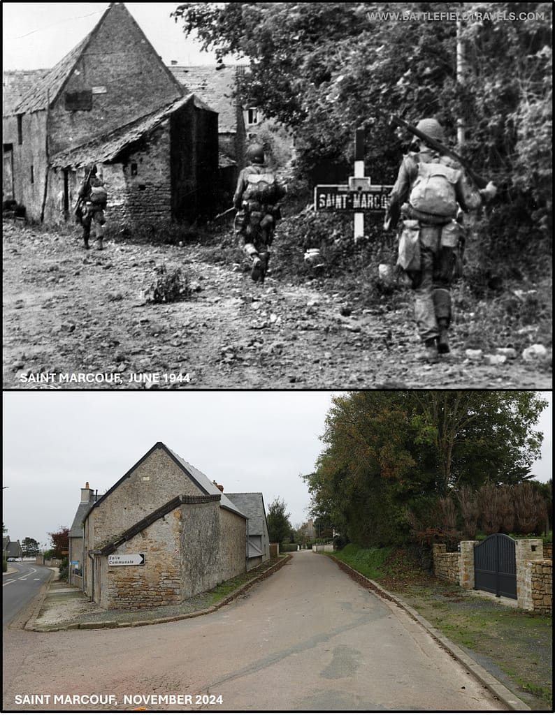 Then and now - 1944 and 2024. 82nd Airborne Division paratroopers patrol Saint Marcouf behind Utah Beach