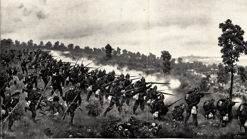 Infanterie-Regiment Leopold von Anhalt-Dessau (1. Magdeburgisches) Nr. 26 deploys into a firing line during the Battle of Königgrätz, 3 July 1866