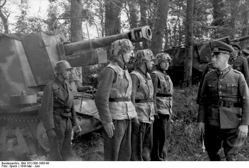 Field Marshall Erwin Rommel inspecting 21st Panzer Division in May or June 1944. The Canadians were the first to face a serious armoured counterattack on D-Day.