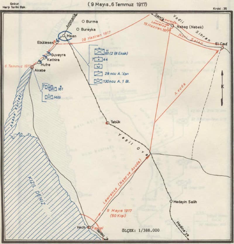 Turkish General Staff map showing the Turkish troop dispositions and the route taken by T.E. Lawrence and the Arab force. The place names are in Turkish spelling, but closely match the Arab place names.