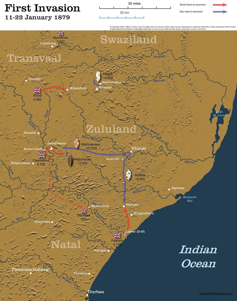 Isandlwana Strategic Maphttps://obscurebattles.blogspot.com/2019/02/isandlwana-1879.html. Map used with permission of Jeffery P. Berry