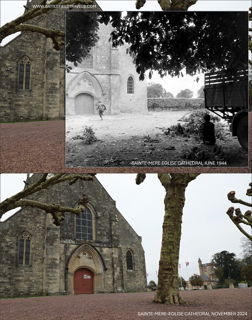 Then and now - 1944 and 2024. American paratroopers cover each other as they bound towards the Sainte-Mere Eglise cathedral