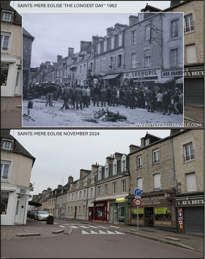 Then and now - 1962 and 2024. Film crew on Rue de General De Gaulle, Sainte-Mere Eglise, shooting the movie 'The Longest Day', 1962. Many of the scenes in the movie were shot in the actual D-Day locations.