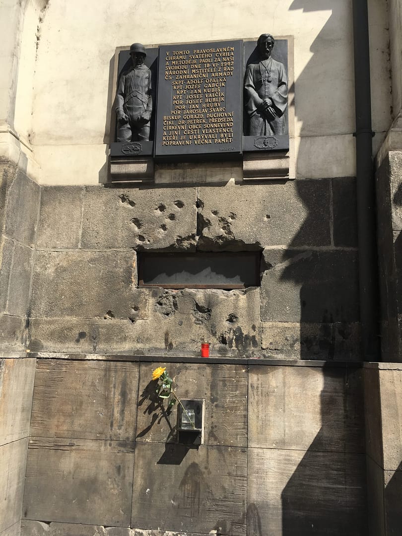 Air vent to the crypt beneath St Cyril and Methodius Cathedral. The Nazis attempted to flood the crypt by placing fire hoses through this vent. Bullet holes are still visible from the fighting of 18 June 1942.