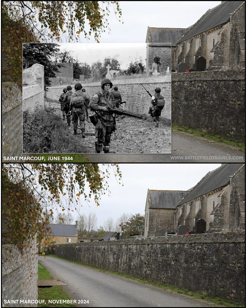 Then and now - 1944 and 2024. 82nd Airborne Division paratroopers patrol Saint Marcouf behind Utah Beach