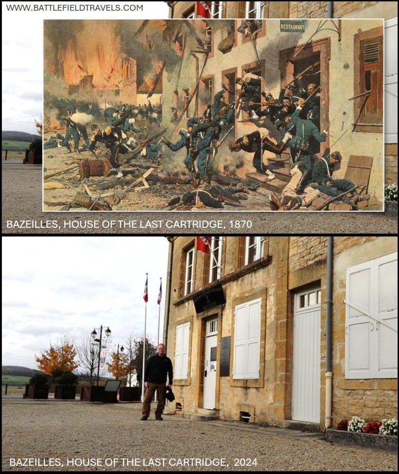 Then and Now. 1870 and 2024. Bavarian Infantrymen in their distinctive Raupenhelm helmets and 'Cornflower-blue' uniforms fighting for the House of the Last Cartridge. Painting by Carl Rochling