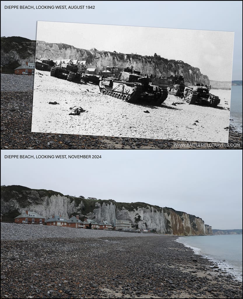 Absence of micro-terrain: Destroyed Canadian tanks on Dieppe Beach, then and now. Without cover, concealment or adequate compensators, the Canadian 2nd Division had to endure a fire-swept approach and landing in August 1942