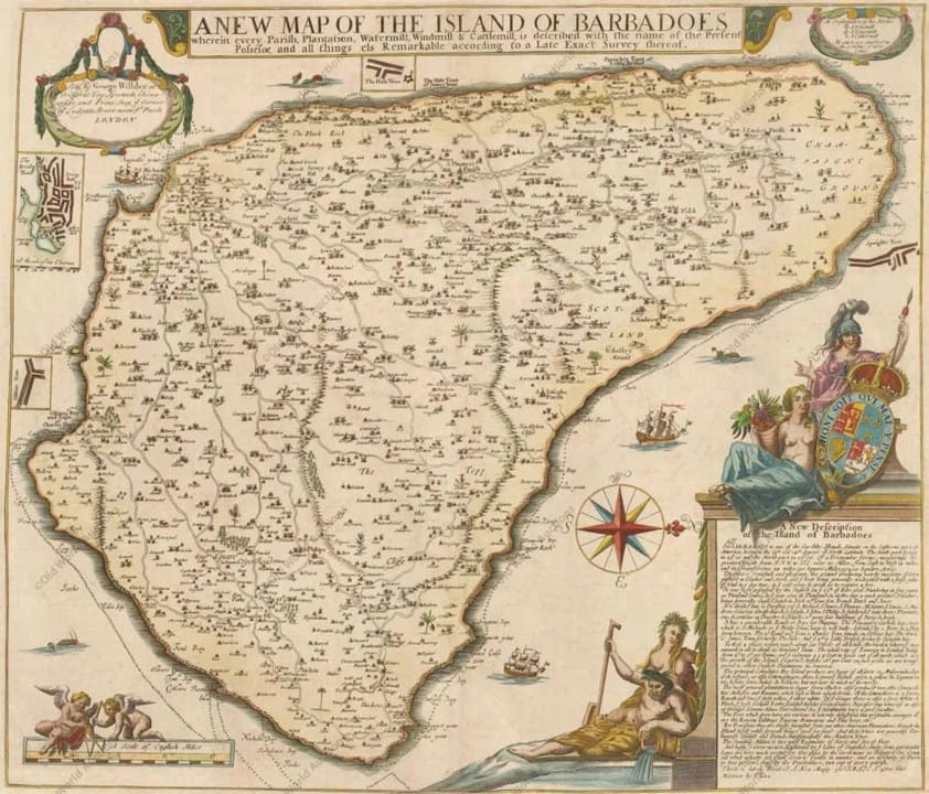 1681 Map of Barbados. This map is oriented west upwards, so Carlisle Bay and Bridgetown are in the top left. Needham's Fort is on the tip of the peninsula on the left side of Carlisle Bay.