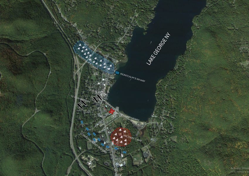 Siege of Fort William Henry. Key locations overlaid on the modern Lake George area.