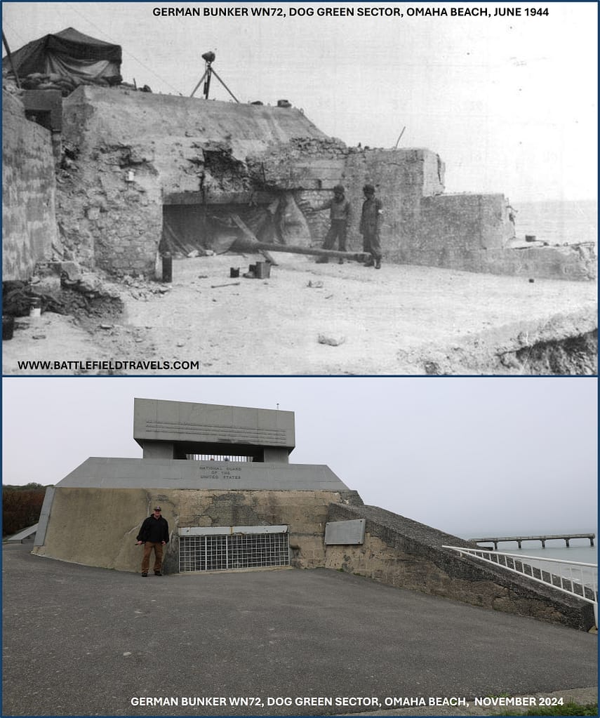Vierville WN72 88mm anti-tank gun bunker, showing how the embrasure is oriented along the beach rather than out to sea. Also note the thick concrete wall on the seaward side to protect against naval gunfire. Soldiers noted that even a 5-inch shell from a destroyer barely made a dent.