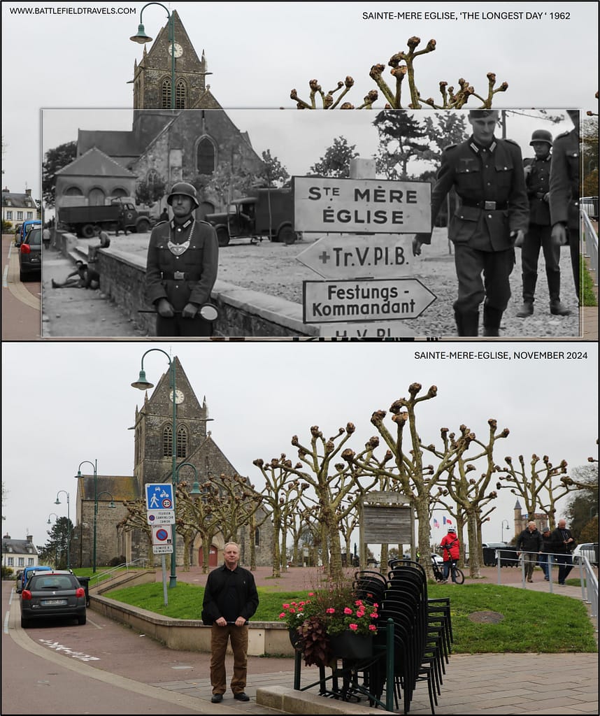 Then and now - 1962 and 2024. Screenshot from the movie 'The Longest Day', 1962. St Mere Eglise