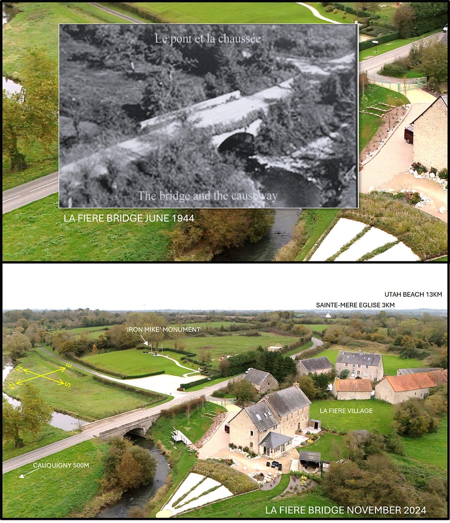 Then and now - 1944 and 2024. Aerial view of La Fiere 1944 and 2024