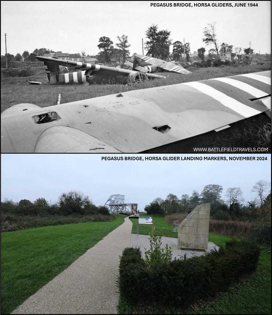 Then and Now. Pegasus Bridge, view over all three gliders with the Benouville Bridge visible in the background.