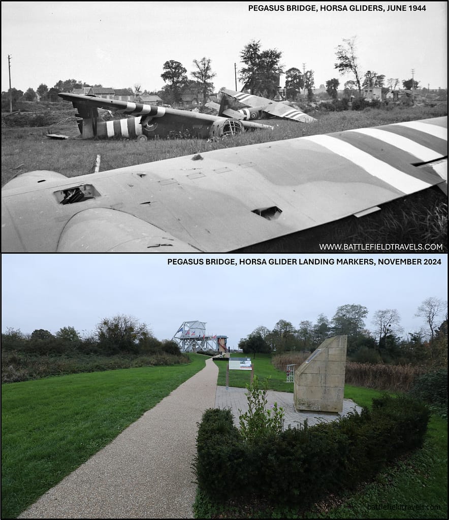 Then and Now. June 1944 and November 2024. View towards Pegaus Bridge from Glider No. 3 landing site.