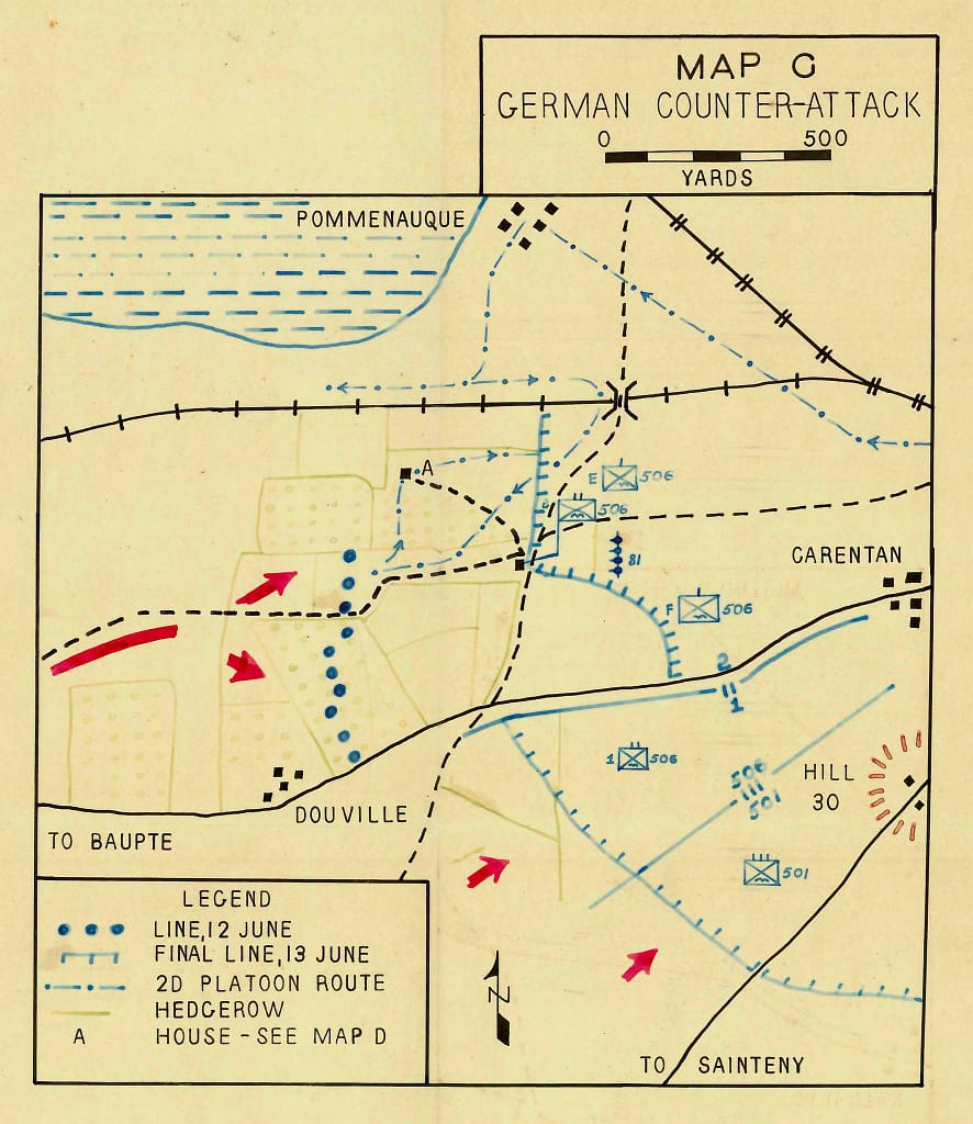 Ronald Speirs, (2nd Platoon Leader in Dog Company and later Easy Company Commander) produced this map of the Battle of Bloody Gulch.