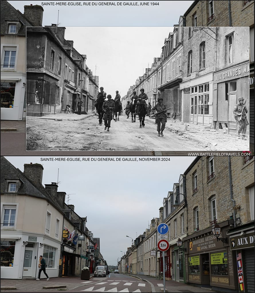 Then and now - 1944 and 2024. American paratroopers using 'appropriated' horses patrol Sainte-Mere Eglise. Right outside the BnB we stayed in 80 years later