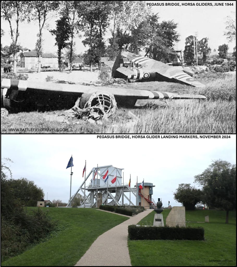 Then and Now. Pegasus Bridge, view over all Glider No. 2, Glider No. 1 and the Benouville Bridge visible in the background.