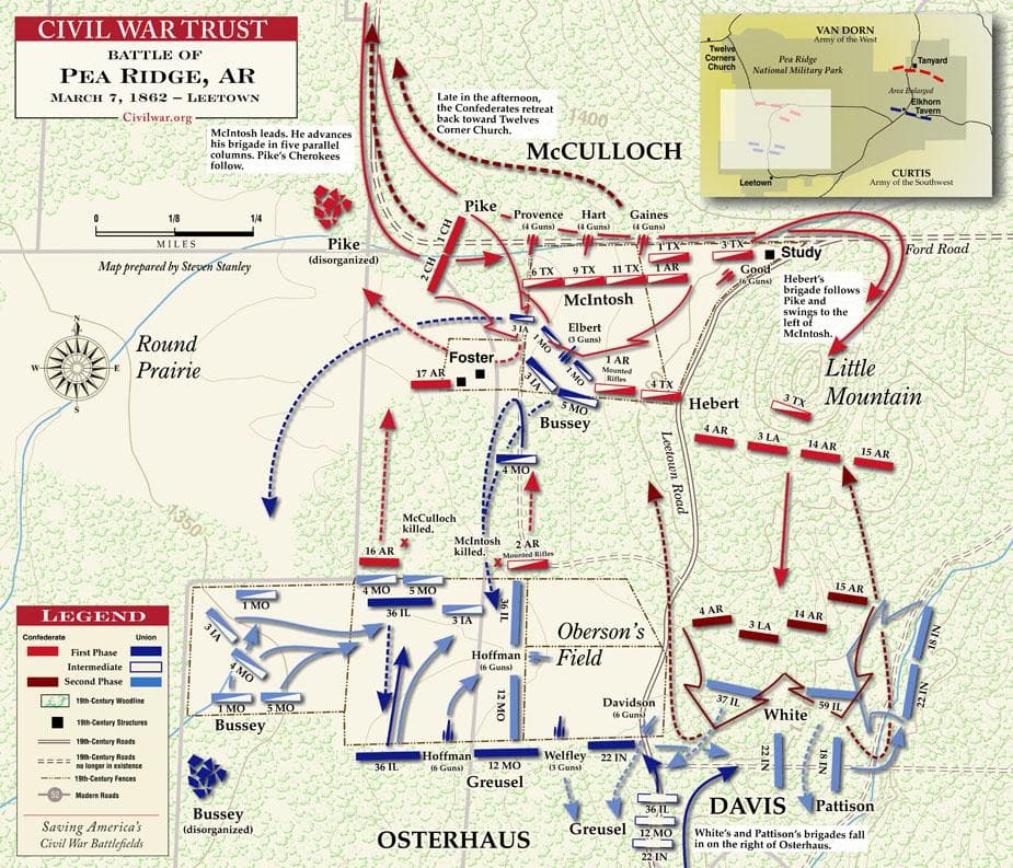 Pea Ridge, Day One. Map of Brigadier-General McCulloch's assault against the Union positions at Leetown. Both McCulloch and Brigadier-General McIntosh were killed during this fighting. Courtest of the Civil War Trust