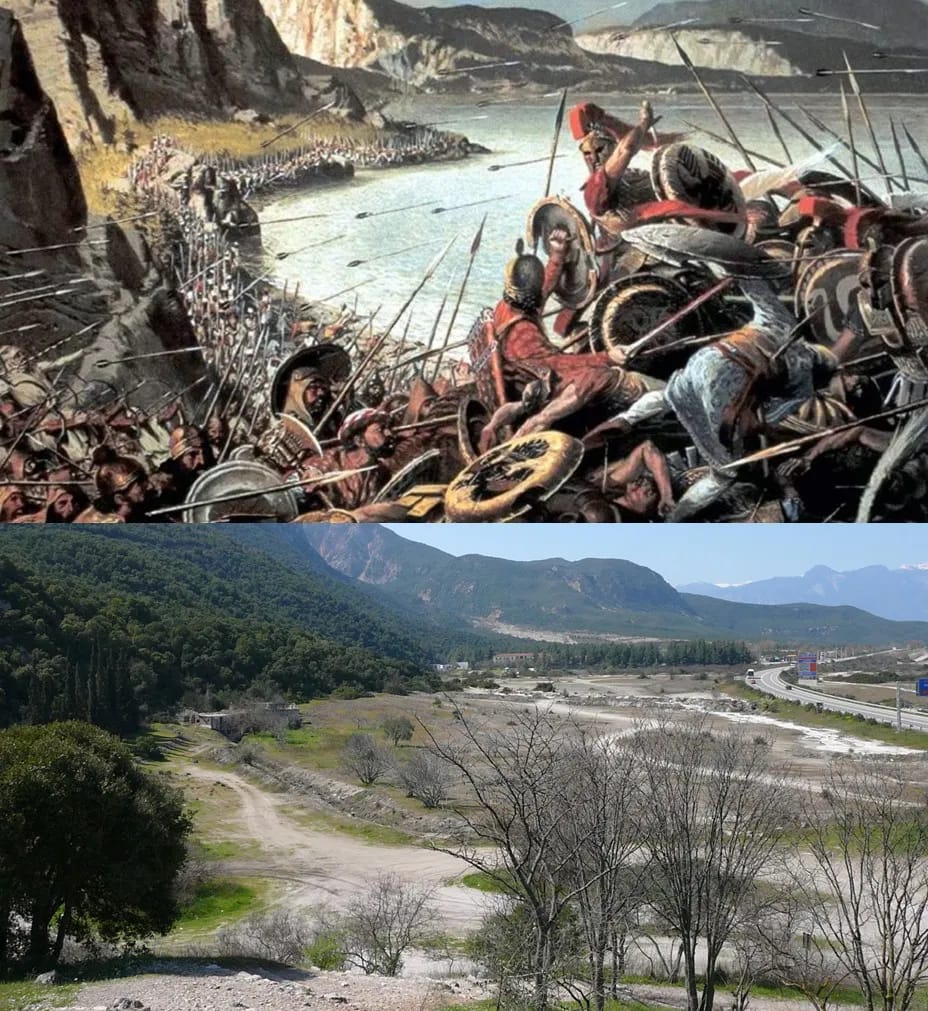A pseudo 'Then and Now' image showing about where the coastline was in 480BC, and just how constricting the Pass of Thermopylae was to the attacking Persians.