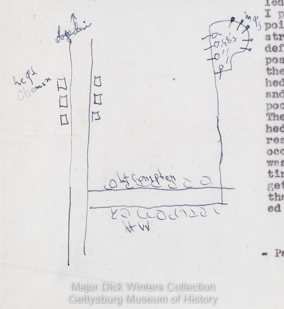 Dick Winters' sketch of the position at Brecourt Manor. Considering that he was being shot at the entire time he was on this ground, the sketch is pretty accurate! From the Major Dick Winters collection at Gettysburg Museum of History