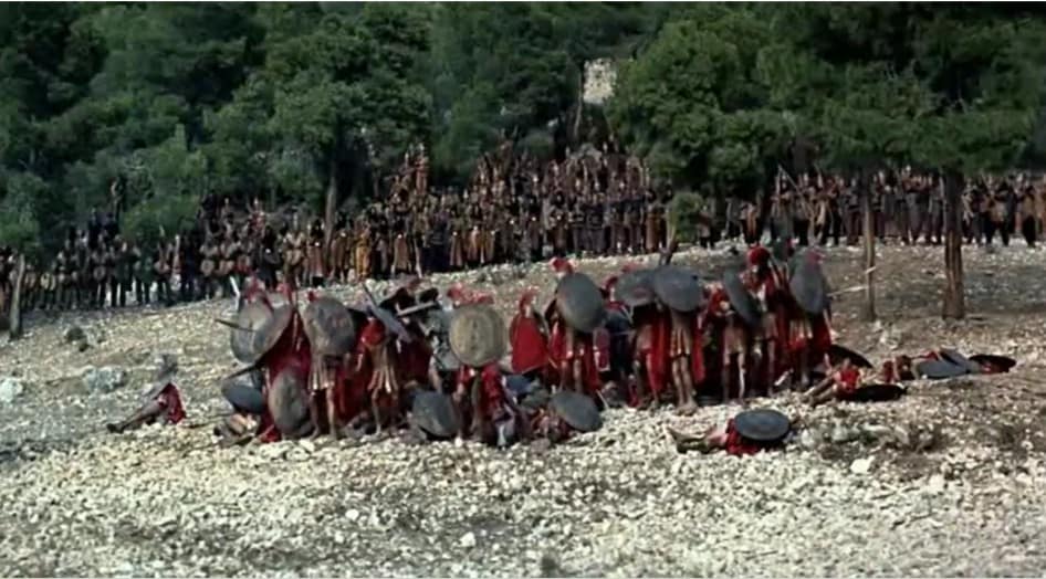 With Leonidas dead, the surviving Spartans and allies made their last stand on Kolonos Hill. Depicted here in the 1962 movie 'The 300 Spartans'.