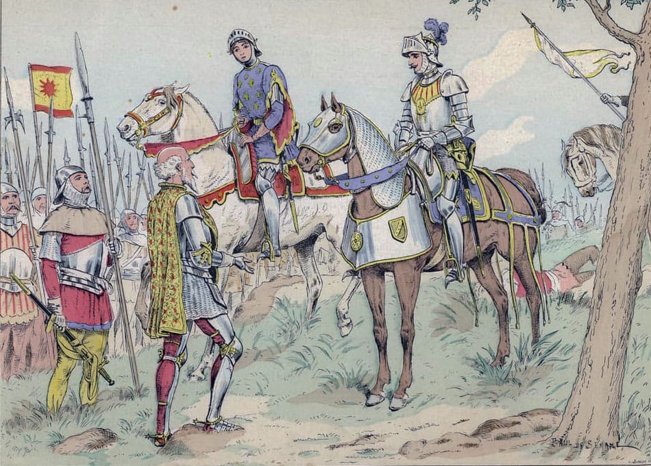 Sir John Talbot is taken before Joan of Arc and the Comte d’Alençon after his capture at the Battle of Patay on 18th June 1429