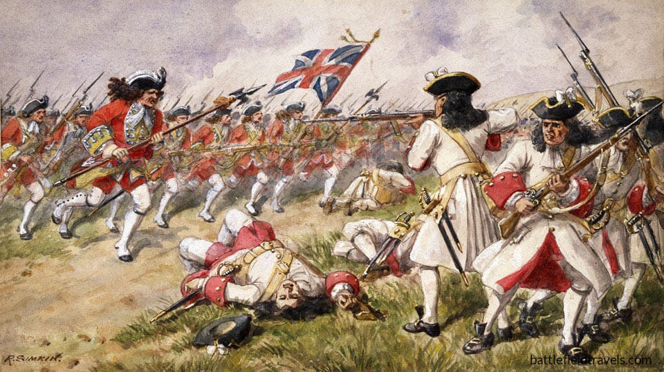 16th-Foot-at-the-Battle-of-Ramillies-by-Richard-Simkin